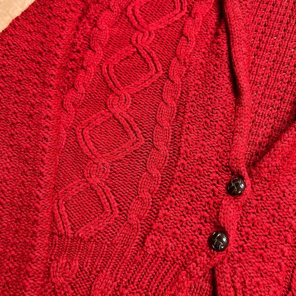 Vintage 80s OHI Cable Knit Cardigan Sweater Red Button Up Diamond Holiday Retro - Picture 4 of 7